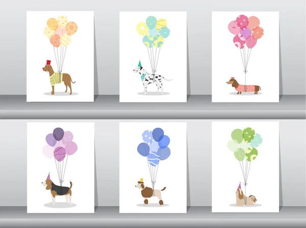 Tasarım sevimli hayvan kartları, poster, şablon, tebrik kartları, tatlı, Balonlar, köpekler, vektör çizimler