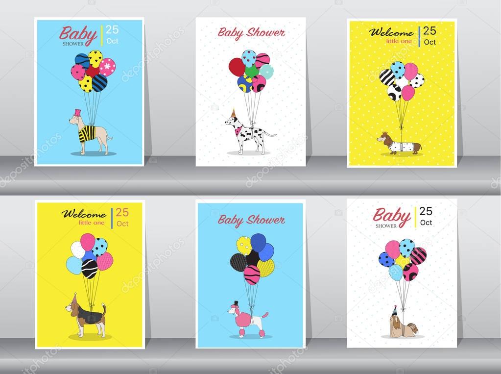 Set of baby shower cards,vintage color,poster,template,greeting cards,balloons,animals,dogs,Vector illustrations