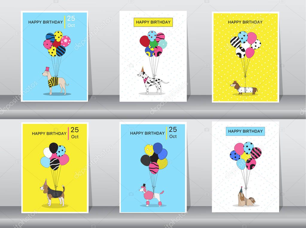 Set of birthday cards,vintage color,poster,template,greeting cards,balloons,animals,dogs,Vector illustrations