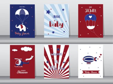 Dizi baby shower davetiye, doğum günü kartları, poster, şablon, tebrik kartları, sevimli, uçak, vektör çizimler