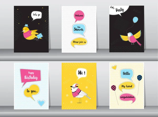 Conjunto de tarjetas de cumpleaños en diseño de patrón retro, vintage, cartel, plantilla, saludo, pájaros, ilustraciones vectoriales — Vector de stock