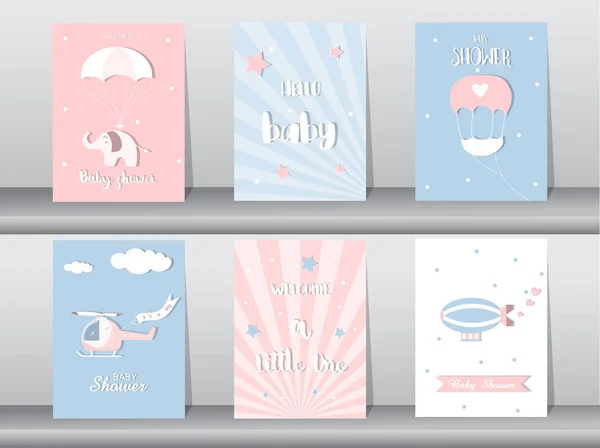 Conjunto de tarjetas de invitación para baby shower, tarjetas de cumpleaños, póster, plantilla, tarjetas de felicitación, lindo, plano, ilustraciones vectoriales — Vector de stock