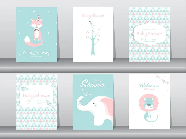 Ensemble de cartes d'invitation de baby shower, poster, modèle, cartes de vœux, animaux, illustrations vectorielles — Image vectorielle