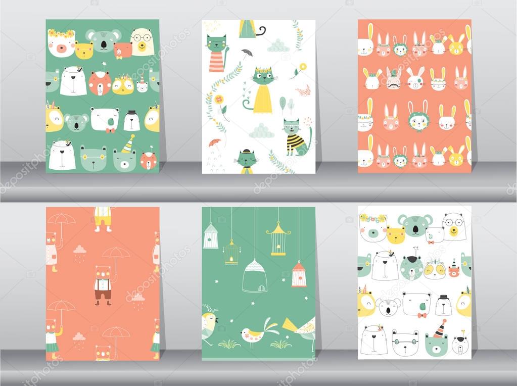 set of seamless patterns with funny cartoon animals,bear,cat,bird,Vector illustrations