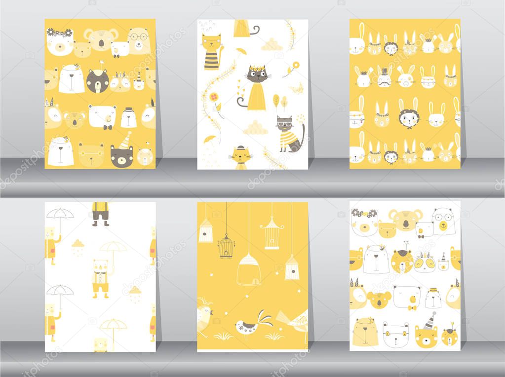 set of seamless patterns with funny cartoon animals,bear,cat,bird,Vector illustrations