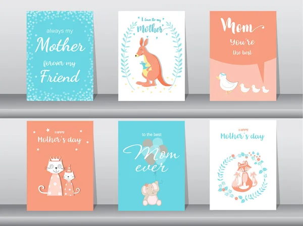 Set van Happy Mother's Day card, poster, sjabloon, wenskaarten, schattig, kangoeroe, katten, olifant, fox, dier, vectorillustraties — Stockvector