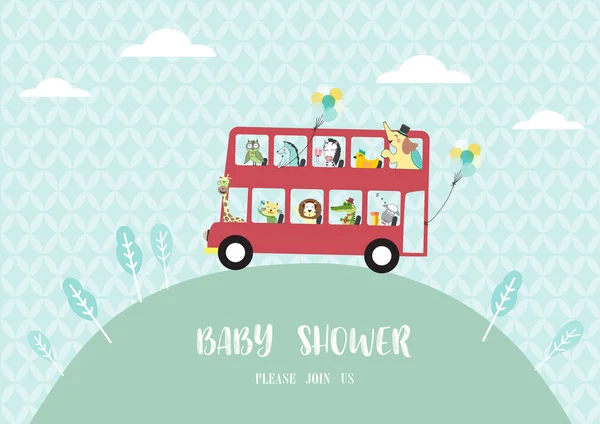 Baby shower uitnodigingskaarten, veel dieren rijden op een bus, vectorillustraties — Stockvector