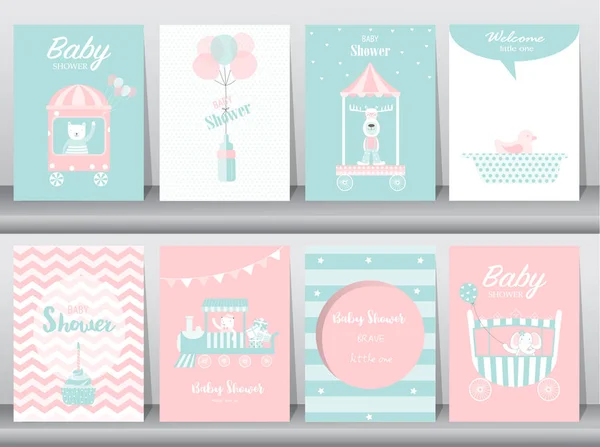 Set di biglietti di invito baby shower, biglietti di compleanno, poster, sagoma, biglietti di auguri, carino, orso, treno, auto, animale, Illustrazioni vettoriali — Vettoriale Stock