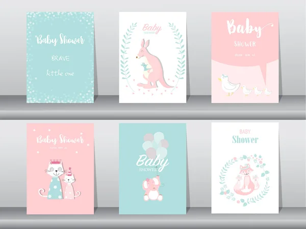 Conjunto de tarjetas de invitación para baby shower, tarjetas de cumpleaños, póster, plantilla, tarjetas de felicitación, lindo, canguro, gatos, elefante, zorro, animal, ilustraciones vectoriales — Vector de stock