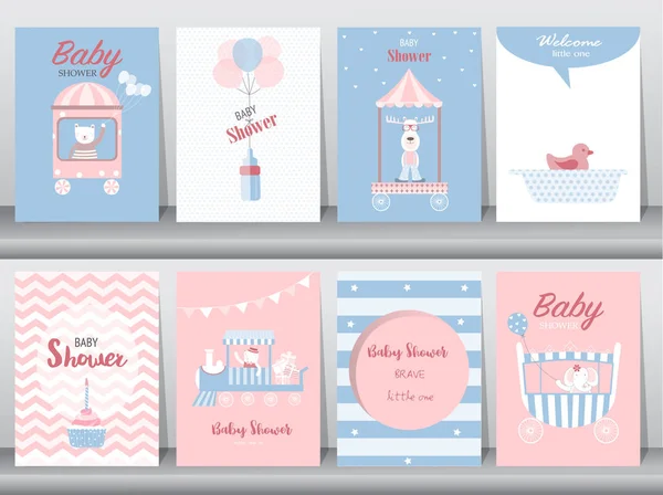 Aantal baby shower uitnodigingskaarten, verjaardagskaarten, poster, sjabloon, wenskaarten, schattig, Beer, trein, auto, dier, vectorillustraties — Stockvector