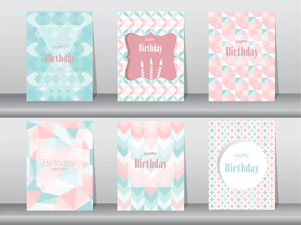 Набор открыток на день рождения по дизайну ретро-шаблона, винтаж, плакат, шаблон, поздравление, векторные иллюстрации — стоковый вектор