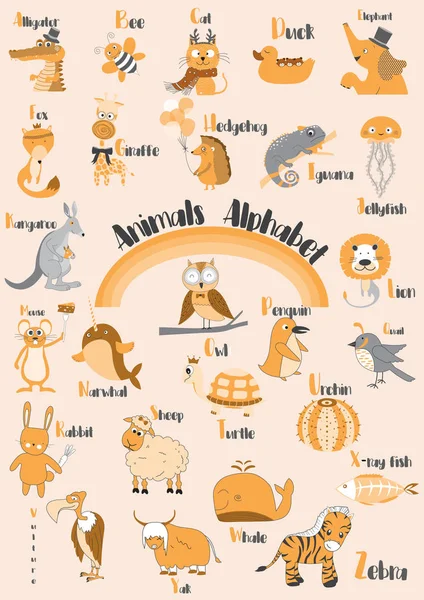 Cute zoo alphabet with funny animals in vector ,Letters Learn to read Stock Vector