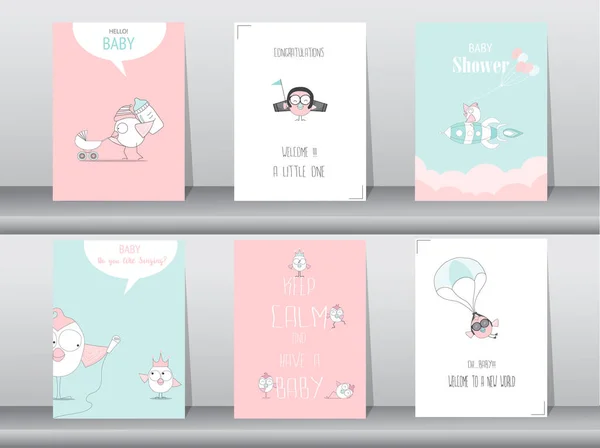 Ensemble de cartes d'invitation de baby shower, cartes d'anniversaire, affiche, modèle, cartes de souhaits, animaux, mignon, oiseaux, illustrations vectorielles — Image vectorielle