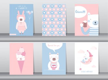 Dizi sevimli hayvanlar poster, şablon, kartları, ayı, vektör çizimler 