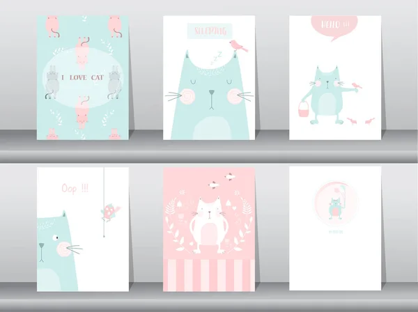 Set di simpatici animali poster, template, carte, gatti, illustrazioni vettoriali — Vettoriale Stock