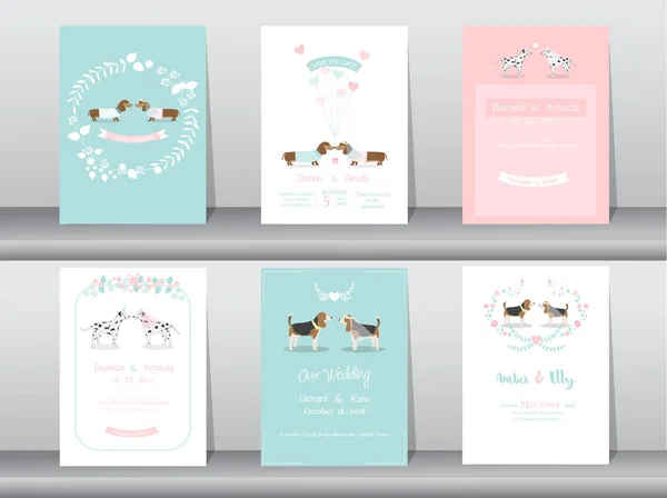 Set bruiloft uitnodigingskaarten, poster, sjabloon, wenskaarten, dieren, hond, vectorillustraties — Stockvector