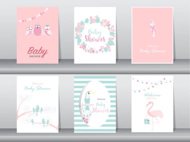 Bebek Duş Davetiyeler kartları, dizi poster, tebrik, şablon, kuş, baykuş, flamingo, vektör çizimler