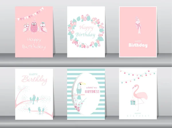 Dizi doğum günü davetiye kartları, poster, tebrik, şablon, kuş, baykuş, flamingo, vektör çizimler