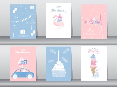 Doğum günü davetiye kartları, poster, tebrik, şablon, pasta, tavşan, flamingo, ayı, vektör çizimler kümesi