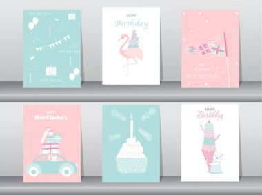 Doğum günü davetiye kartları, poster, tebrik, şablon, pasta, tavşan, flamingo, ayı, vektör çizimler kümesi