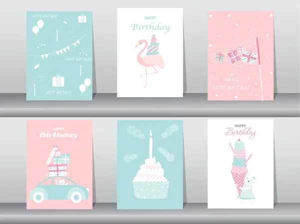 Zestaw kartki zaproszenia urodzinowe, plakat, pozdrowienie, szablon, ciasto, królik, flamingo, niedźwiedź, ilustracje wektorowe — Wektor stockowy