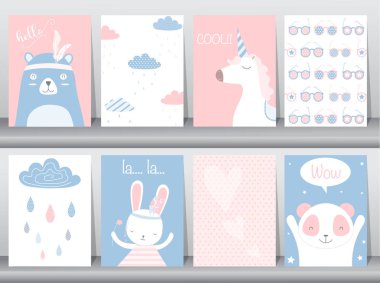 Dizi sevimli hayvanlar poster, şablon, kartları, ayı, tavşan, vektör çizimler 