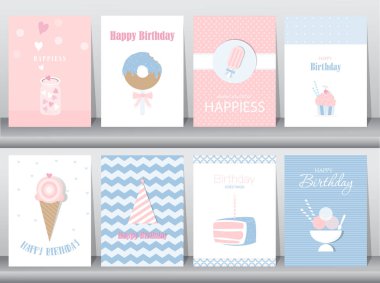 Doğum günü kartları, poster, şablon, tebrik kartları, kek, dondurma, vektör çizimler kümesi