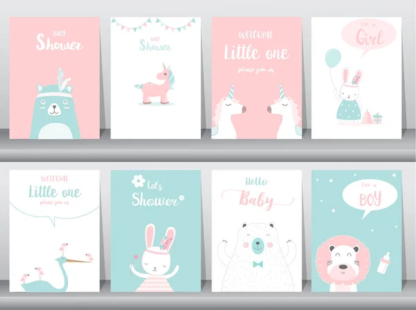 Conjunto de bebê chuveiro convites cartões, cartaz, saudação, modelo, animais, ilustrações Vector —  Vetores de Stock