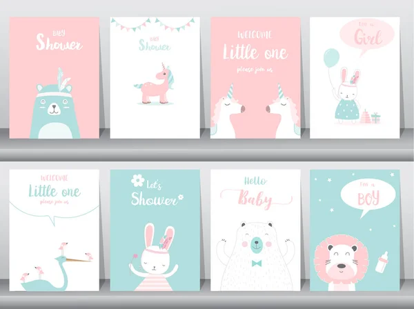 Set di biglietti per inviti baby shower, poster, auguri, modelli, animali, illustrazioni vettoriali — Vettoriale Stock