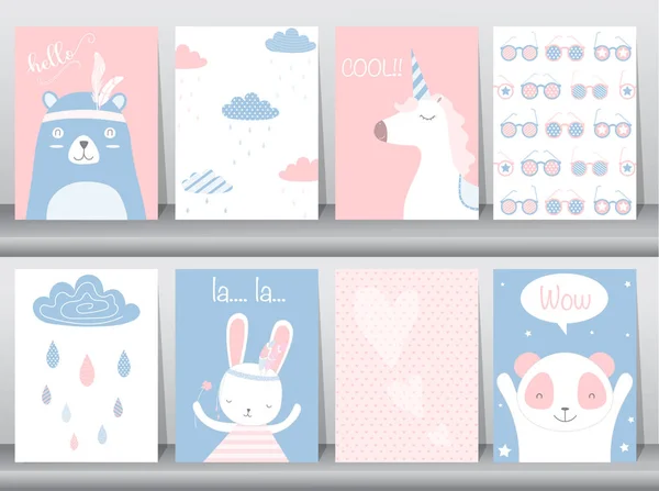 귀여운 동물 포스터, 템플릿, 카드, 곰, 토끼, 벡터 일러스트 레이 션의 설정 — 스톡 벡터