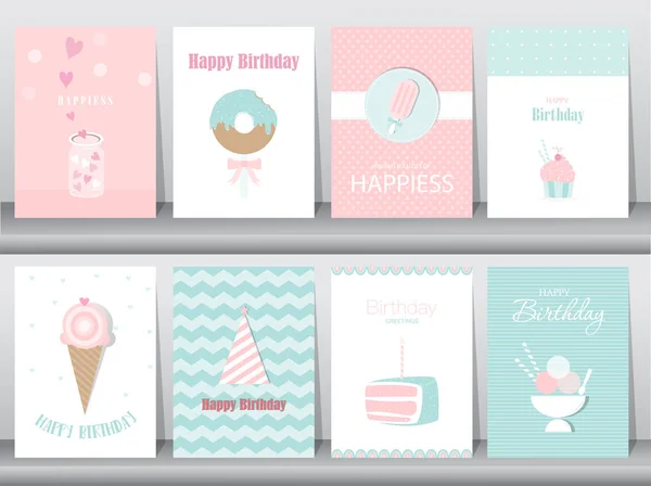 Ensemble de cartes d'anniversaire, poster, modèle, cartes de voeux, gâteau, crème glacée, illustrations vectorielles — Image vectorielle