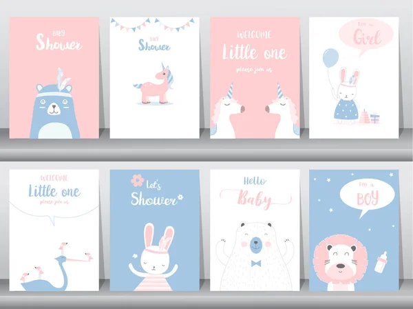 Set of baby shower invitations cards, poster, greeting, template, animals, Vector illustrations