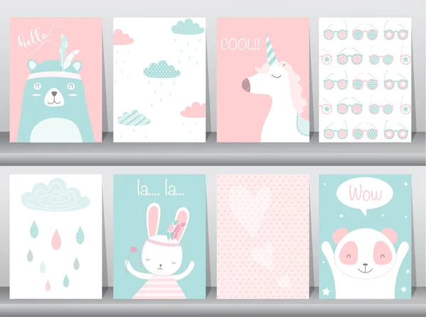 Set van schattige dieren poster, sjabloon, kaarten, bear, rabbit, vectorillustraties — Stockvector