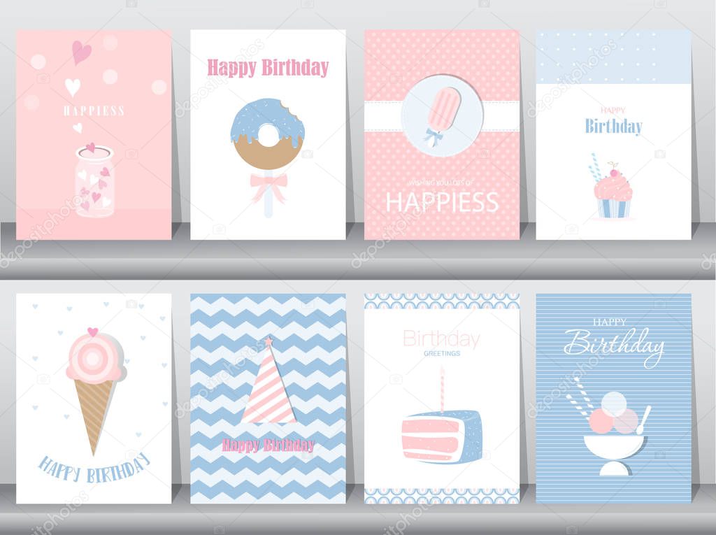 Set of birthday cards,poster,template,greeting cards,cake,ice cream,Vector illustrations