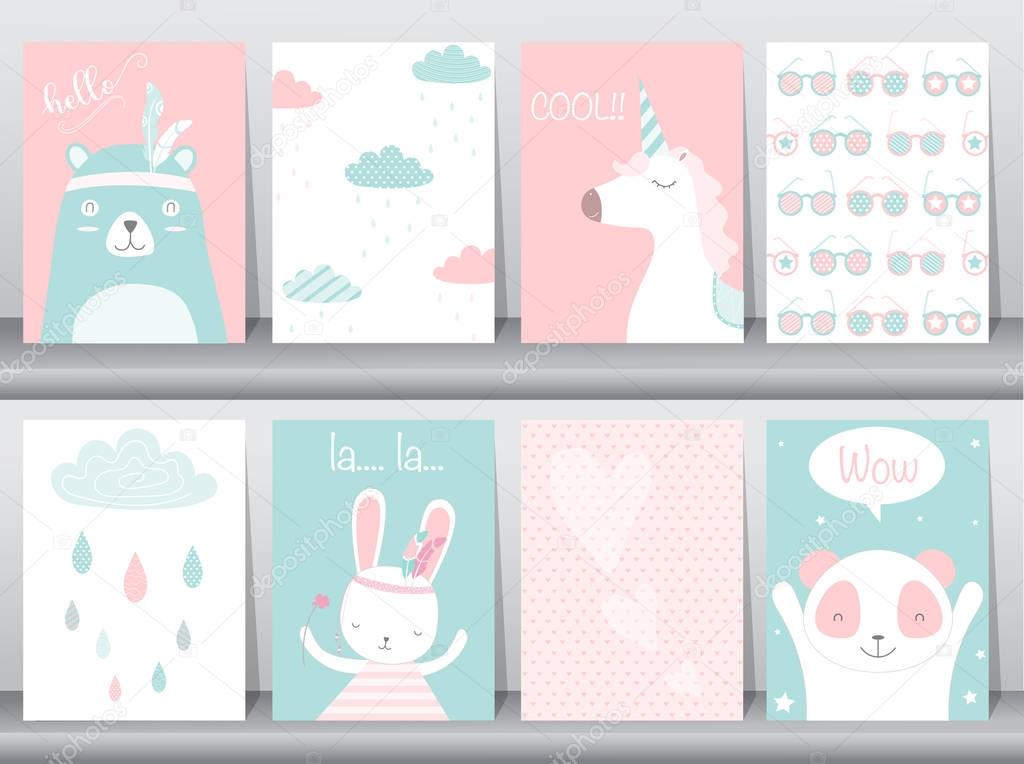 Set of cute animals poster,template,cards,bear,rabbit,Vector illustrations 