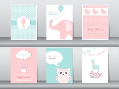 Tebrik ve davetiye kartı, doğum günü, tatil, hayvanlar, baykuş, fil, zürafa ve ördek kümesi. çizgi film, vektör çizim.