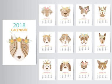 Portre köpek takvimi 2018 tasarım, topluluğu köpek aylık kart şablonları, yılın 12 ayı, vektör çizimler ayarla..