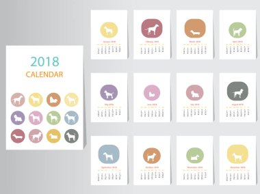 Set siluet köpekler takvim 2018 tasarımı, köpek aylık kart şablonları, yılın 12 ayı, vektör çizimler.