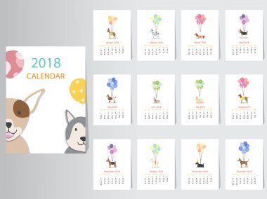 Portre köpek takvimi 2018 tasarım, topluluğu köpek aylık kart şablonları, yılın 12 ayı, vektör çizimler ayarla..