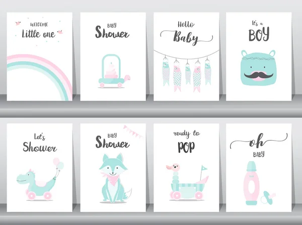 Aantal baby shower uitnodigingen kaarten, poster, greeting, sjabloon, dieren, speelgoed, vectorillustraties — Stockvector