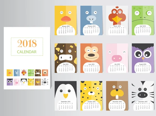 Roliga djur kalender 2018 designuppsättning, året av hund månatliga kort mallar, 12 månad, månatliga barn, vektor illustrationer. — Stock vektor