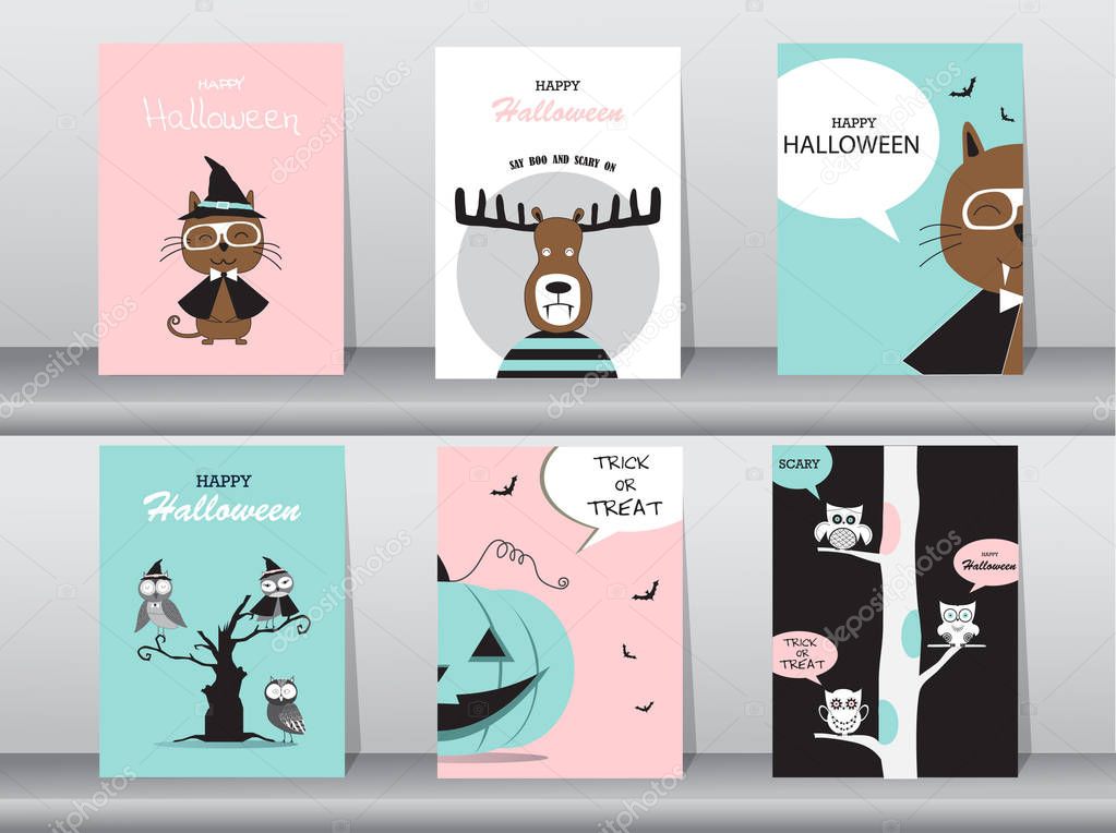 Set of Halloween invitations cards, poster, greeting, template, animals, Vector illustrations 