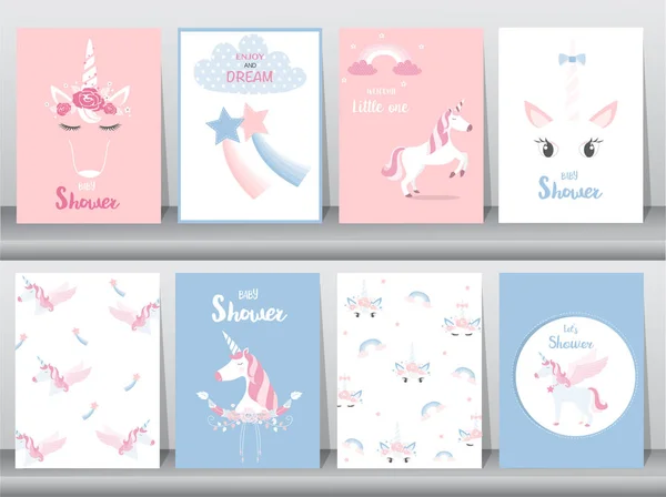 Conjunto de tarjetas de invitaciones para baby shower, póster, saludo, plantilla, animales, unicornio, ilustraciones vectoriales — Archivo Imágenes Vectoriales