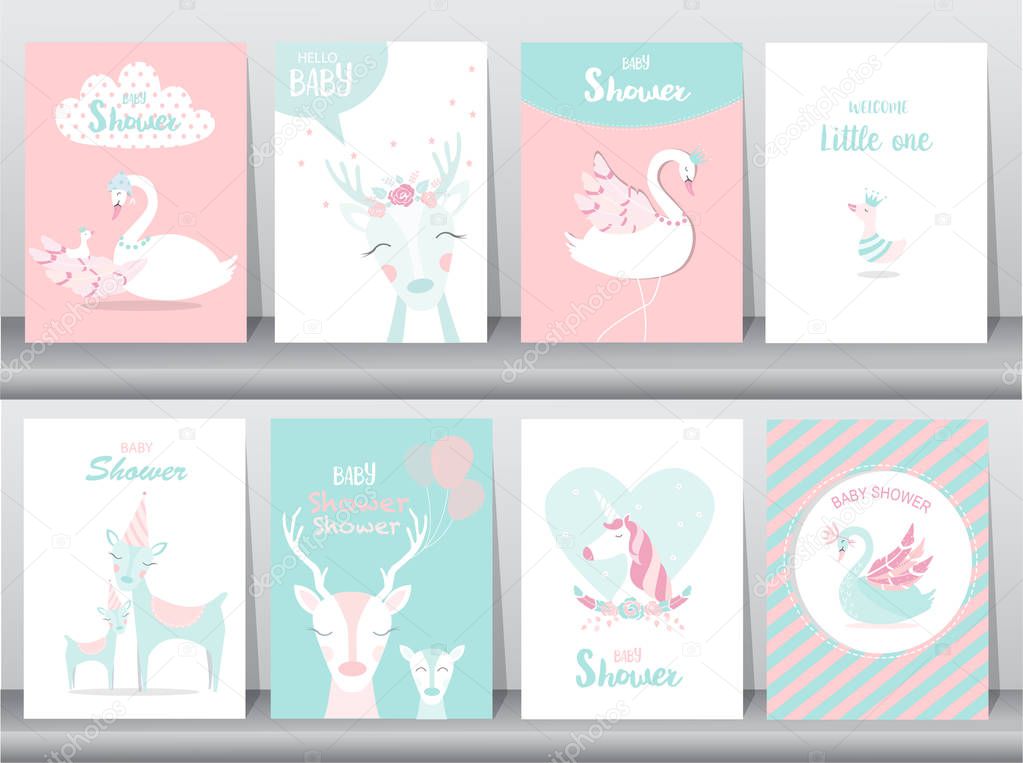 Set of baby shower invitations cards,poster,greeting,template,stork,goose,duck,Vector illustrations