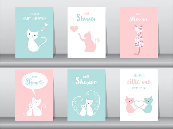 Aantal baby shower uitnodigingen kaarten, poster, greeting, sjabloon, dieren, kat, schattige vector, vectorillustraties — Stockvector