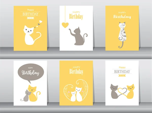 Σειρά από κάρτες γενεθλίων, αφίσα, πρόσκληση κάρτες, πρότυπο, ευχετήριες κάρτες, ζώα, γάτα, χαριτωμένο διάνυσμα, εικονογραφήσεις φορέα — Διανυσματικό Αρχείο