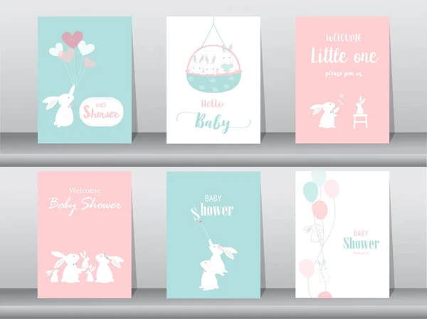 Conjunto de tarjetas de invitaciones baby shower, cartel, saludo, plantilla, animales, conejo, vector lindo, ilustraciones vectoriales — Vector de stock