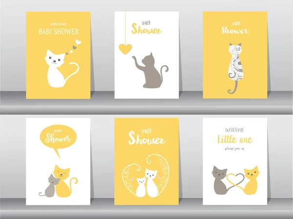 Σύνολο των baby shower προσκλήσεις κάρτες, αφίσα, Χαιρετισμός, πρότυπο, ζώα, γάτα, χαριτωμένο διάνυσμα, εικονογραφήσεις φορέα — Διανυσματικό Αρχείο
