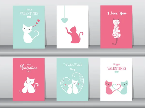 Jeu de cartes Saint Valentin, motif, amour, vecteur mignon, animal, dessin animé, chat, Illustrations vectorielles — Image vectorielle