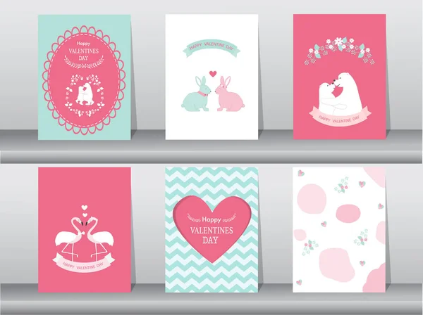 Jeu de carte Saint Valentin sur motif rétro design, amour, animal, vecteur mignon, illustrations vectorielles — Image vectorielle